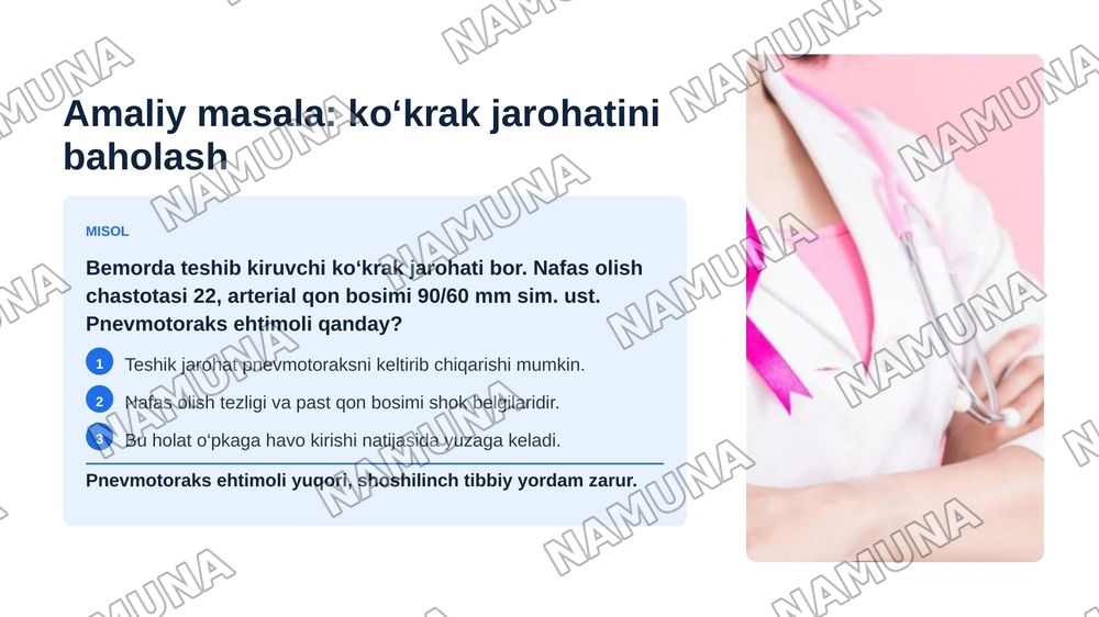 Ko‘krak sohasidagi operativ aralashuvlarning anatomik-fiziologik xususiyatlari. Mastitlarni operativ davolash usullari. Ko‘krakning teshib kiruvchi jarohatlari va pnevmotoraksda operativ aralashuvlar. Old, yon va orqa torakotomiya. Qovurg‘alararo blokada texnikasi. — zamonaviy taqdimot, 3-slayd