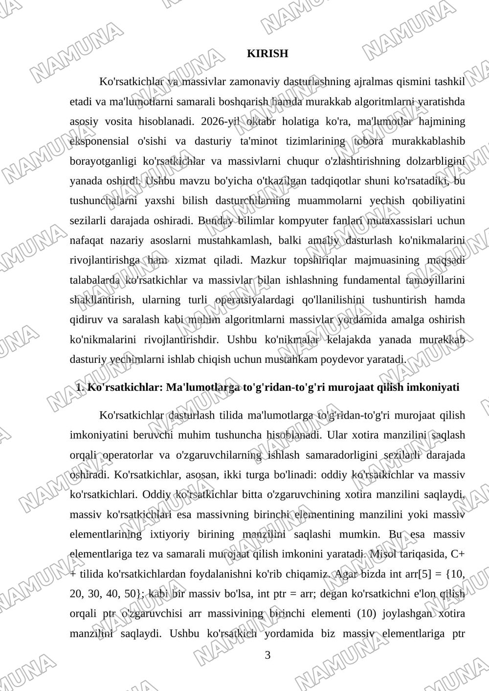 30 MUSTAQIL ISH UCHUN TOPSHIRIQLAR 7-10-mavzular bo'yicha umumlashtirilgan topshiriqlar majmuasi 7-mavzu: Ko'rsatkichlar va massiv tushunchasi • 8-mavzu: Massivlar bilan ishlash (qidiruv va sarala — mustaqil ish, 3-varaq
