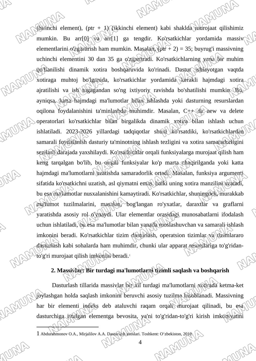 30 MUSTAQIL ISH UCHUN TOPSHIRIQLAR 7-10-mavzular bo'yicha umumlashtirilgan topshiriqlar majmuasi 7-mavzu: Ko'rsatkichlar va massiv tushunchasi • 8-mavzu: Massivlar bilan ishlash (qidiruv va sarala — mustaqil ish, 4-varaq