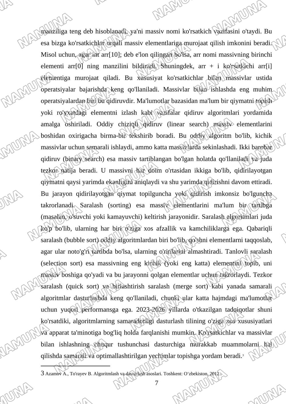 30 MUSTAQIL ISH UCHUN TOPSHIRIQLAR 7-10-mavzular bo'yicha umumlashtirilgan topshiriqlar majmuasi 7-mavzu: Ko'rsatkichlar va massiv tushunchasi • 8-mavzu: Massivlar bilan ishlash (qidiruv va sarala — mustaqil ish, 7-varaq