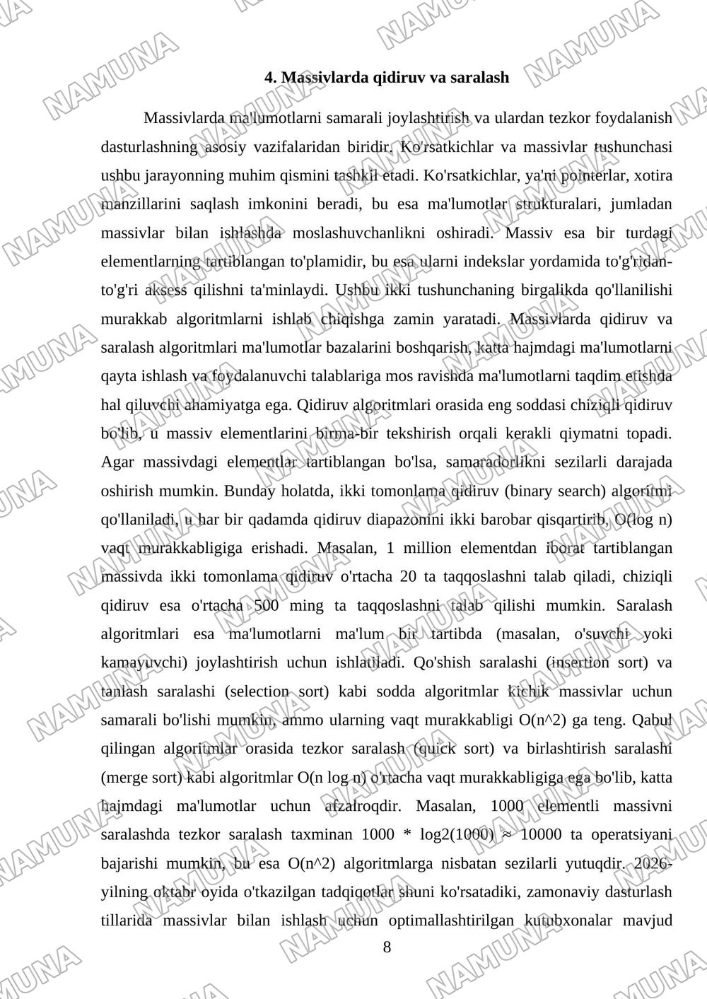 30 MUSTAQIL ISH UCHUN TOPSHIRIQLAR 7-10-mavzular bo'yicha umumlashtirilgan topshiriqlar majmuasi 7-mavzu: Ko'rsatkichlar va massiv tushunchasi • 8-mavzu: Massivlar bilan ishlash (qidiruv va sarala — mustaqil ish, 8-varaq