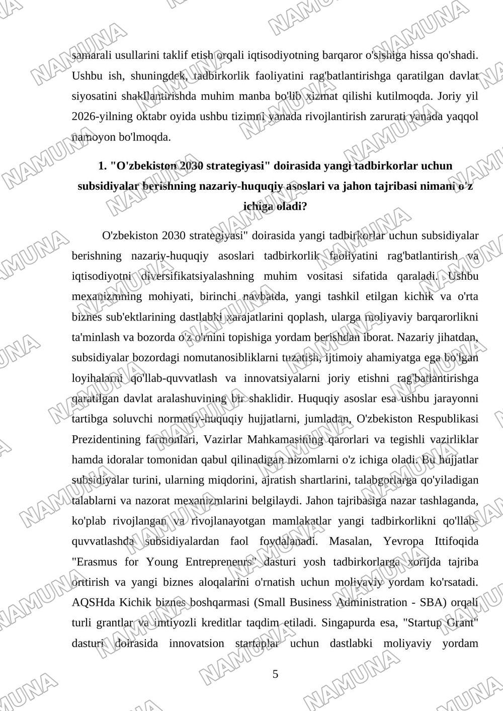 Ozbekiston 2030 strategyasi doyrasida yangi tadbirkorlar uchun sub sidyalar berishni takomillashtirish — mustaqil ish, 5-varaq