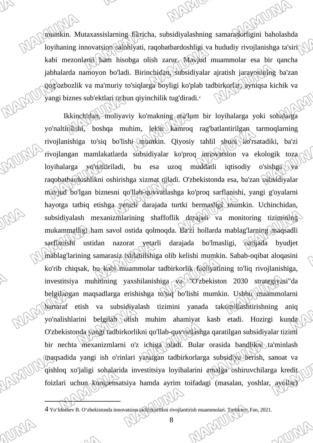 Ozbekiston 2030 strategyasi doyrasida yangi tadbirkorlar uchun sub sidyalar berishni takomillashtirish — mustaqil ish, 8-varaq