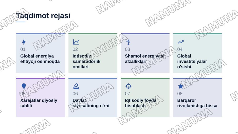 Qayta tiklanuvchi energiya manbalari (quyosh, shamol, gidro) tarmog‘ini rivojlantirishning iqtisodiy samaradorligi. — zamonaviy taqdimot, 2-slayd