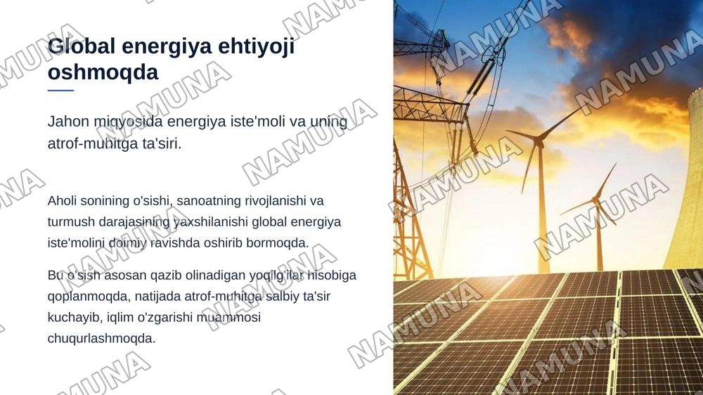 Qayta tiklanuvchi energiya manbalari (quyosh, shamol, gidro) tarmog‘ini rivojlantirishning iqtisodiy samaradorligi. — zamonaviy taqdimot, 3-slayd