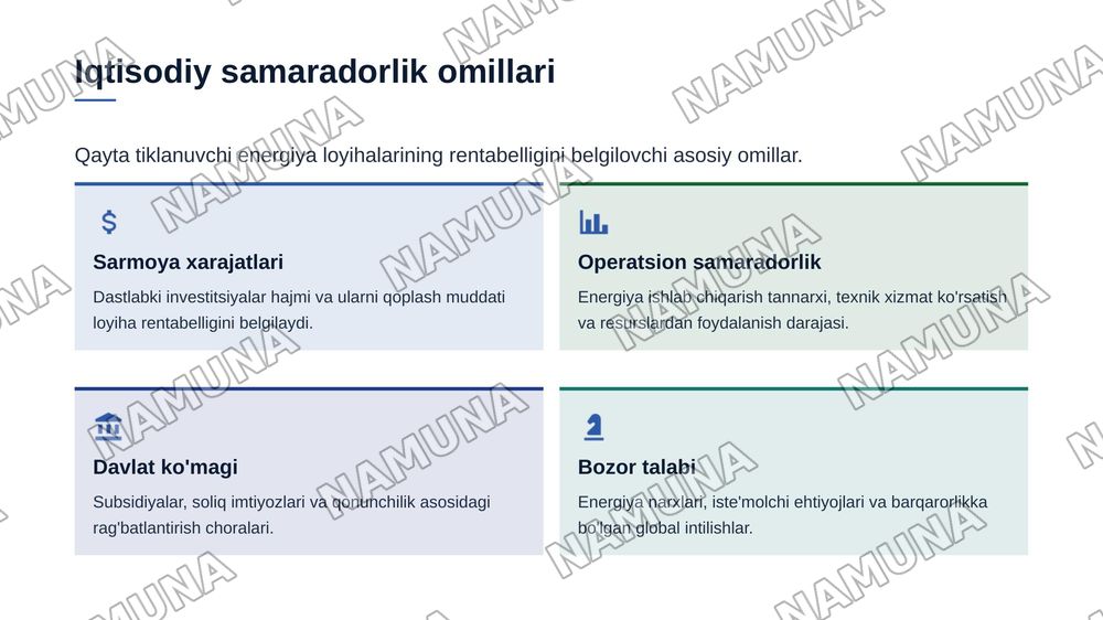 Qayta tiklanuvchi energiya manbalari (quyosh, shamol, gidro) tarmog‘ini rivojlantirishning iqtisodiy samaradorligi. — zamonaviy taqdimot, 5-slayd