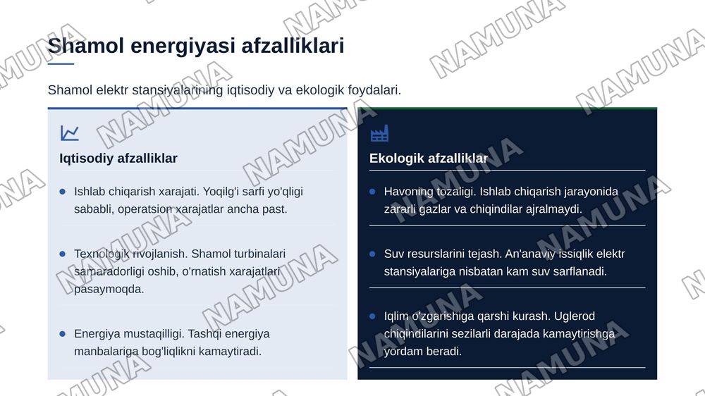 Qayta tiklanuvchi energiya manbalari (quyosh, shamol, gidro) tarmog‘ini rivojlantirishning iqtisodiy samaradorligi. — zamonaviy taqdimot, 7-slayd