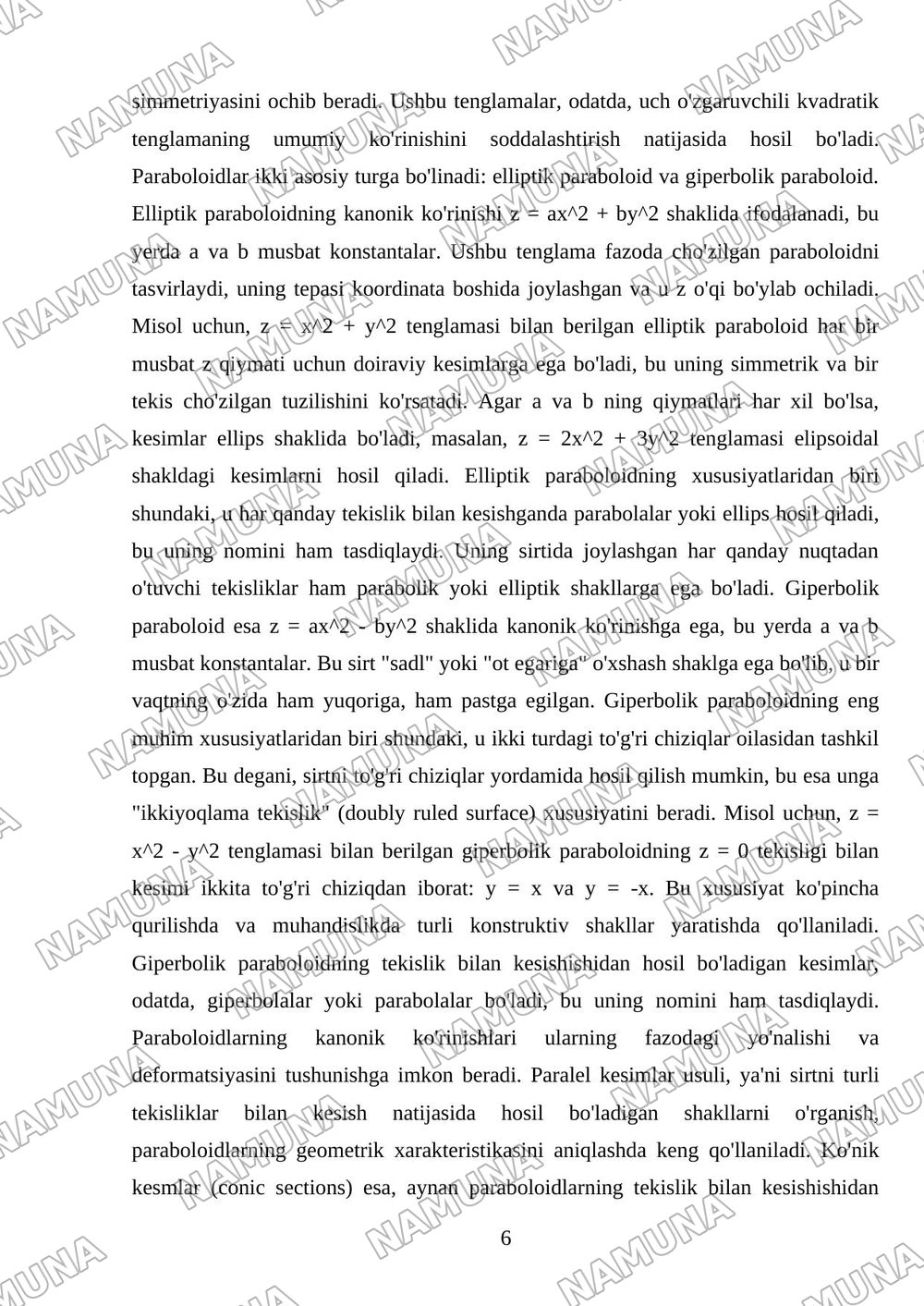 Ikkinchi tartibli sirtlar; sfera, elipsoid, giperboloid, konus, paraboloid, ularning shakllarini parallel kesimlar usulida tekshirish, koinik kesmlar — mustaqil ish, 6-varaq