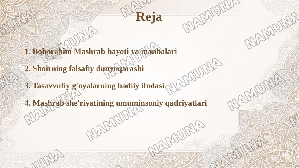 Rahimbobo Mashrab ijodidagi falsafiylikni o‘rganing va uning she’rlarida falsafiy hamda tasavvufiy g‘oyalarning badiiy ifodasini tahlili aks etgan taqdimot tayyorlang — taqdimot, 2-slayd