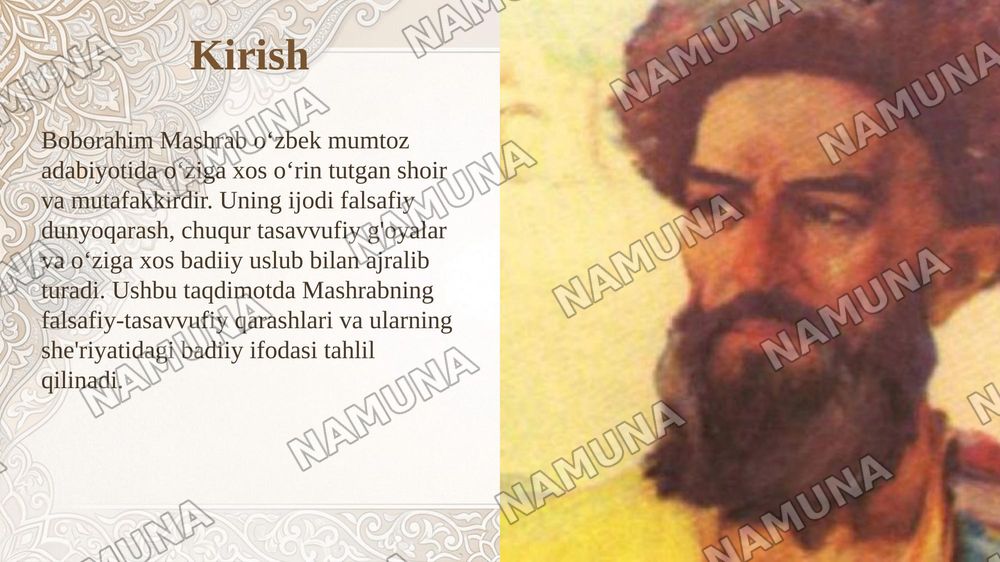 Rahimbobo Mashrab ijodidagi falsafiylikni o‘rganing va uning she’rlarida falsafiy hamda tasavvufiy g‘oyalarning badiiy ifodasini tahlili aks etgan taqdimot tayyorlang — taqdimot, 3-slayd