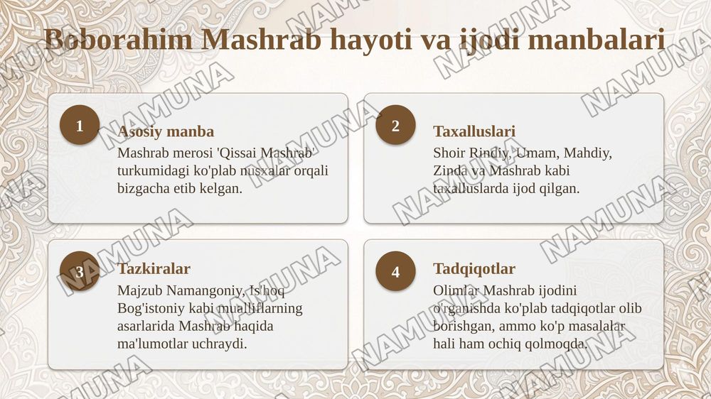Rahimbobo Mashrab ijodidagi falsafiylikni o‘rganing va uning she’rlarida falsafiy hamda tasavvufiy g‘oyalarning badiiy ifodasini tahlili aks etgan taqdimot tayyorlang — taqdimot, 4-slayd