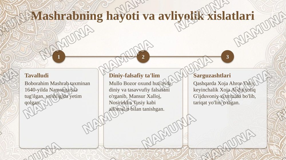Rahimbobo Mashrab ijodidagi falsafiylikni o‘rganing va uning she’rlarida falsafiy hamda tasavvufiy g‘oyalarning badiiy ifodasini tahlili aks etgan taqdimot tayyorlang — taqdimot, 5-slayd