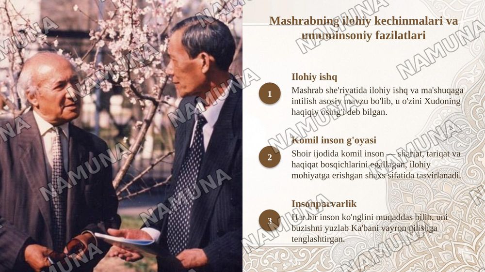 Rahimbobo Mashrab ijodidagi falsafiylikni o‘rganing va uning she’rlarida falsafiy hamda tasavvufiy g‘oyalarning badiiy ifodasini tahlili aks etgan taqdimot tayyorlang — taqdimot, 6-slayd