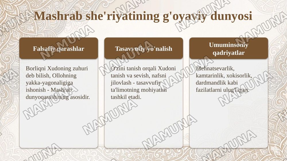 Rahimbobo Mashrab ijodidagi falsafiylikni o‘rganing va uning she’rlarida falsafiy hamda tasavvufiy g‘oyalarning badiiy ifodasini tahlili aks etgan taqdimot tayyorlang — taqdimot, 7-slayd