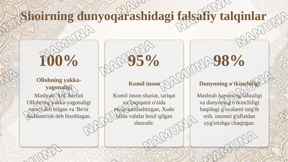 Rahimbobo Mashrab ijodidagi falsafiylikni o‘rganing va uning she’rlarida falsafiy hamda tasavvufiy g‘oyalarning badiiy ifodasini tahlili aks etgan taqdimot tayyorlang — taqdimot, 8-slayd