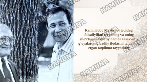 Rahimbobo Mashrab ijodidagi falsafiylikni o‘rganing va uning she’rlarida falsafiy hamda tasavvufiy g‘oyalarning badiiy ifodasini tahlili aks etgan taqdimot tayyorlang — taqdimot