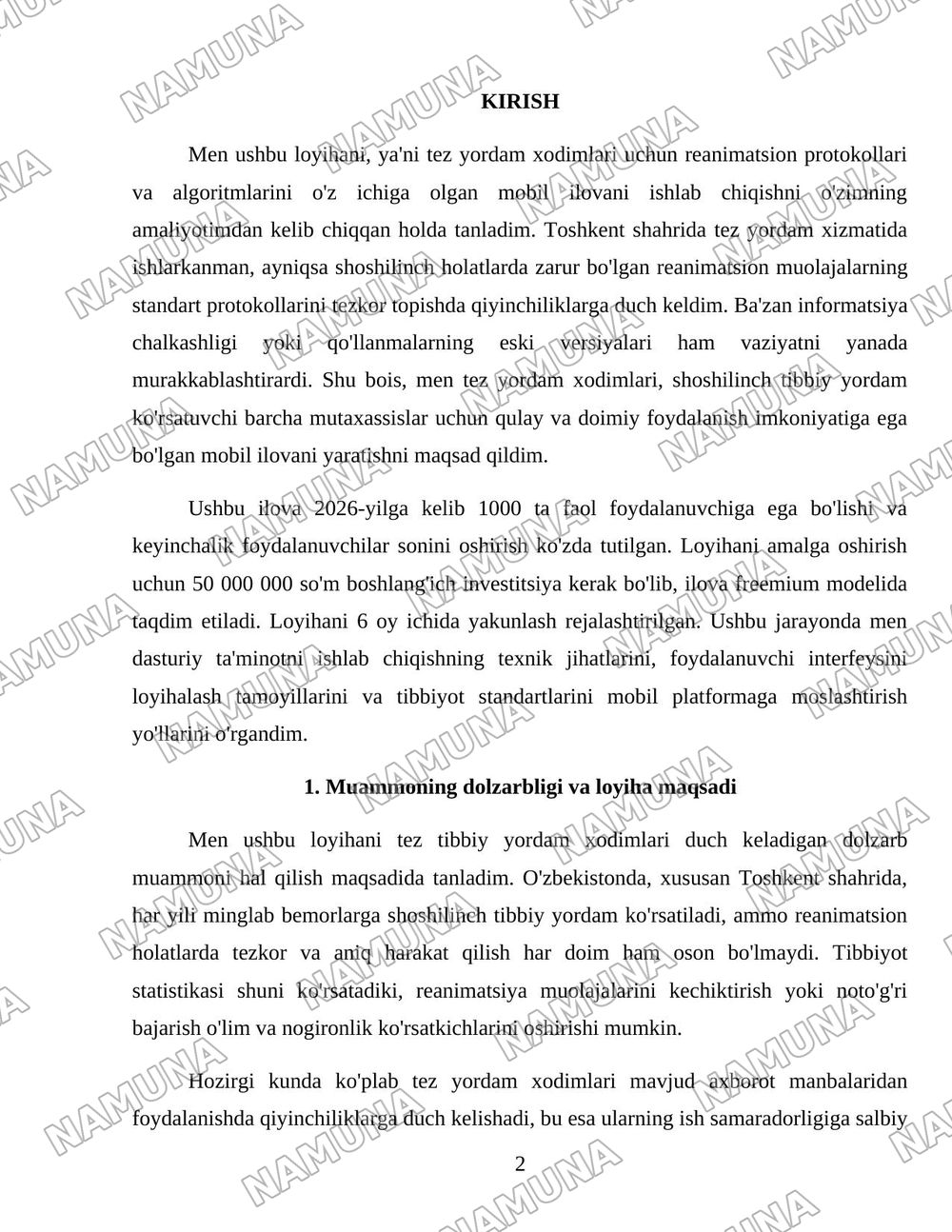 Reanimatsiyon yordam asoslari — loyiha ishi, 2-varaq