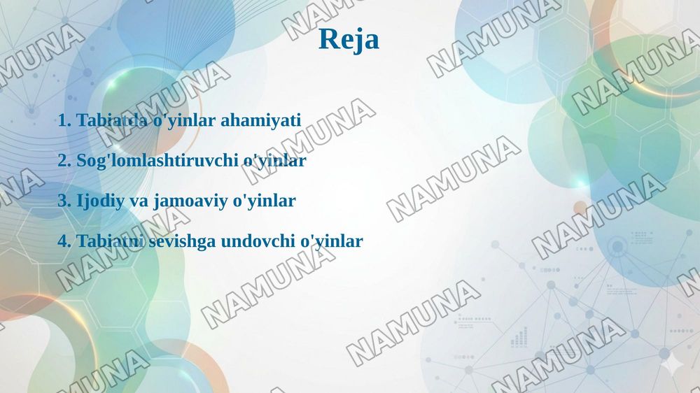 Tabiat qoynida turli hildagi uyinlarni tashkil etishning mazmunini yoritib bering — taqdimot, 2-slayd