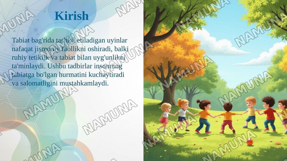 Tabiat qoynida turli hildagi uyinlarni tashkil etishning mazmunini yoritib bering — taqdimot, 3-slayd