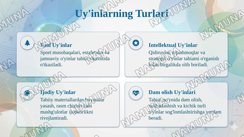 Tabiat qoynida turli hildagi uyinlarni tashkil etishning mazmunini yoritib bering — taqdimot, 4-slayd