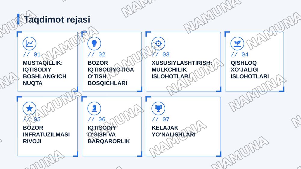 Oʻzbekistonning eng yangi tarixi fanidan 
Mavzu: İqtisodiy islohotlar, xususiy mulkchilikning shakllanishi Oʻzbekiston bozor munosabatlarini shakllnishi — zamonaviy taqdimot, 2-slayd