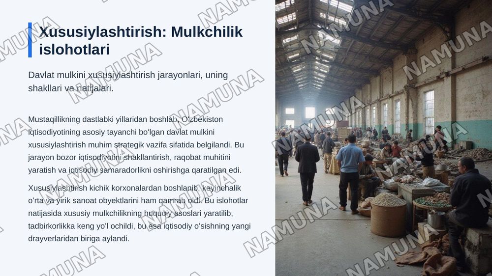 Oʻzbekistonning eng yangi tarixi fanidan 
Mavzu: İqtisodiy islohotlar, xususiy mulkchilikning shakllanishi Oʻzbekiston bozor munosabatlarini shakllnishi — zamonaviy taqdimot, 5-slayd