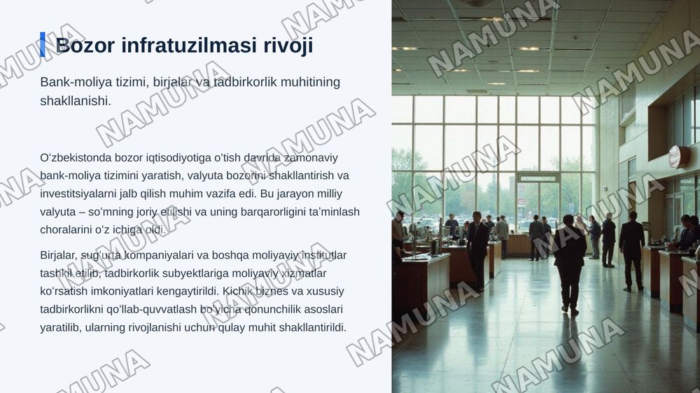 Oʻzbekistonning eng yangi tarixi fanidan 
Mavzu: İqtisodiy islohotlar, xususiy mulkchilikning shakllanishi Oʻzbekiston bozor munosabatlarini shakllnishi — zamonaviy taqdimot, 7-slayd