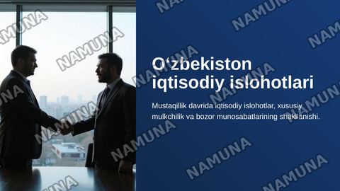Oʻzbekistonning eng yangi tarixi fanidan 
Mavzu: İqtisodiy islohotlar, xususiy mulkchilikning shakllanishi Oʻzbekiston bozor munosabatlarini shakllnishi — zamonaviy taqdimot