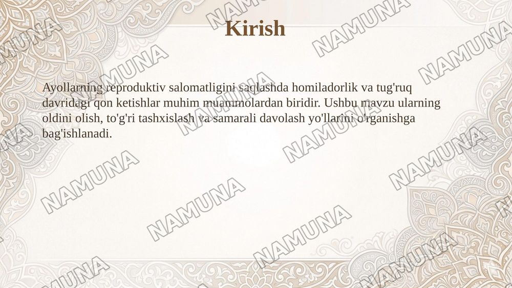 11-Mavzu. Normal joylashgan yo'ldoshning muddatidan oldin ko'chishi. Yo'ldoshning oldinda joylashishi.
Etiopatogenezi, tasnifi, klinikasi, tashxislash, davolash tamoyillari Tug'ruqda vaginal gon ketishlar: bachadon yorilishi. Tasnifi,etiologiya si va patogeneziklinikasi, tashxislash, davolash tamoyi — taqdimot, 3-slayd