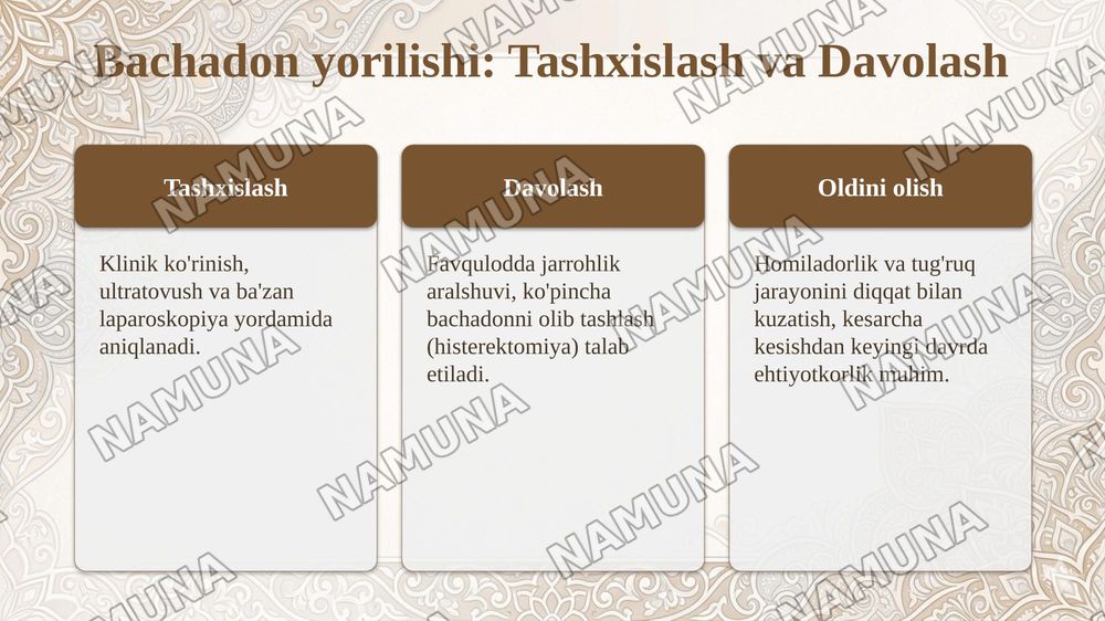 11-Mavzu. Normal joylashgan yo'ldoshning muddatidan oldin ko'chishi. Yo'ldoshning oldinda joylashishi.
Etiopatogenezi, tasnifi, klinikasi, tashxislash, davolash tamoyillari Tug'ruqda vaginal gon ketishlar: bachadon yorilishi. Tasnifi,etiologiya si va patogeneziklinikasi, tashxislash, davolash tamoyi — taqdimot, 7-slayd