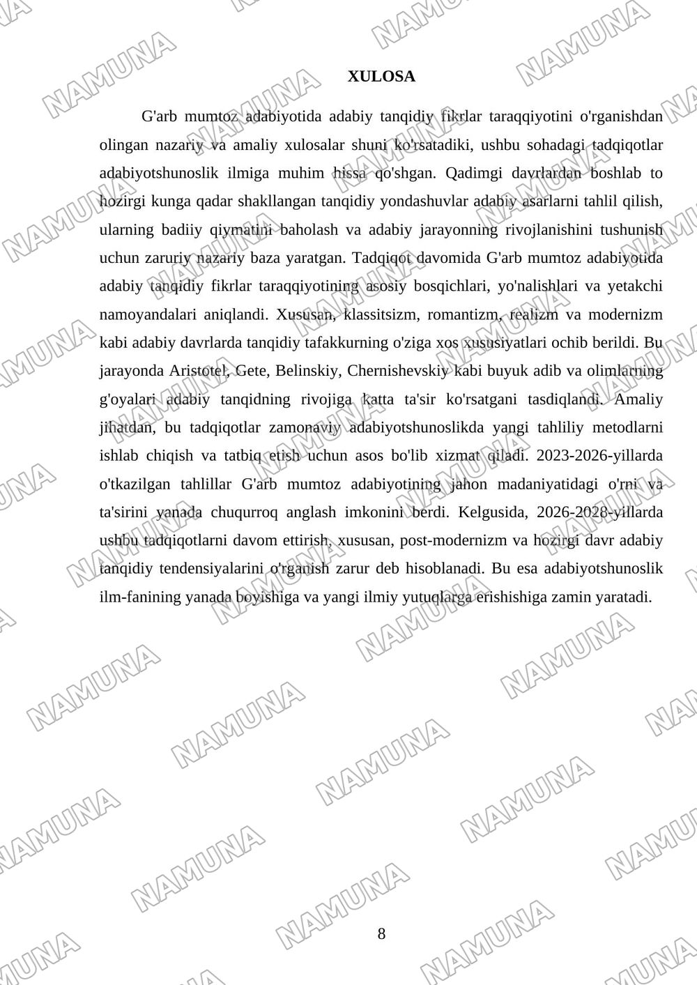 G'arb mumtoz adabiyotida adabiy tanqidiy fikrlar taraqiyoti — mustaqil ish, 8-varaq