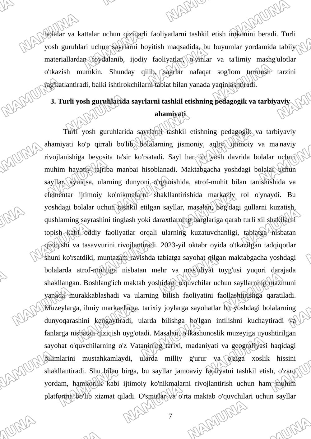 turli yosh guruhlarda sayrlarni tashkil etishning shakllari va mazmuni tahlil qilish — mustaqil ish, 7-varaq