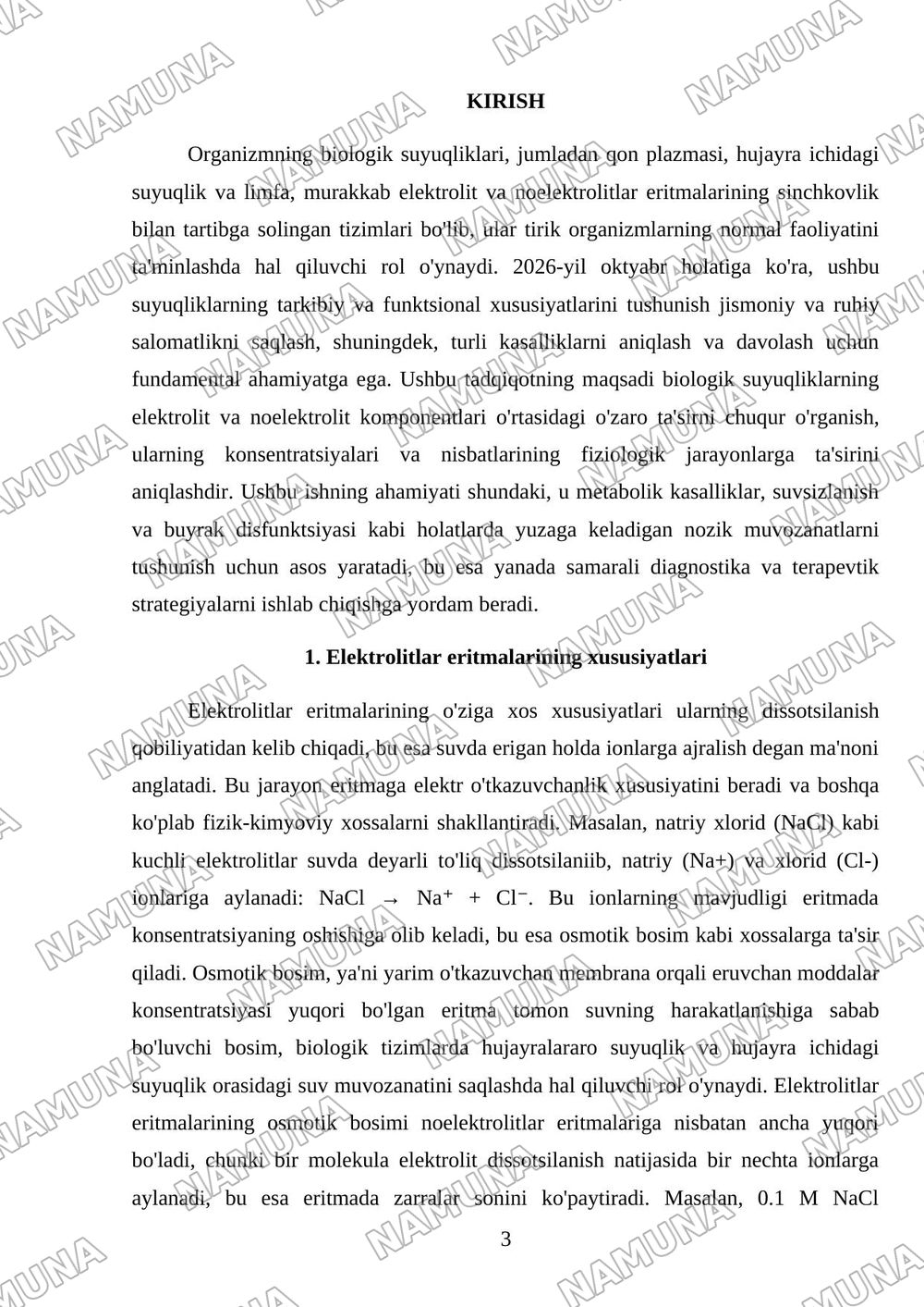 Organizmning biologik suyuqliklari elektrolit va noelektrolitlar eritmalari sifatida — mustaqil ish, 3-varaq