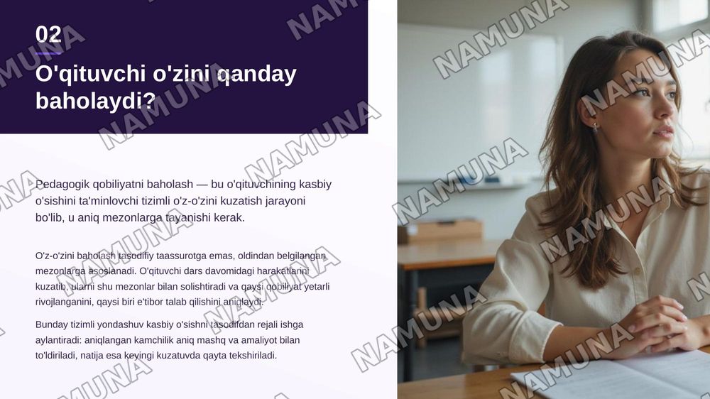 Shaxsiy pedagogik qobiliyatlarini baholash mezonlarini ishlab chiqish va o'z-o'zini diagnostika qilish — zamonaviy taqdimot, 3-slayd