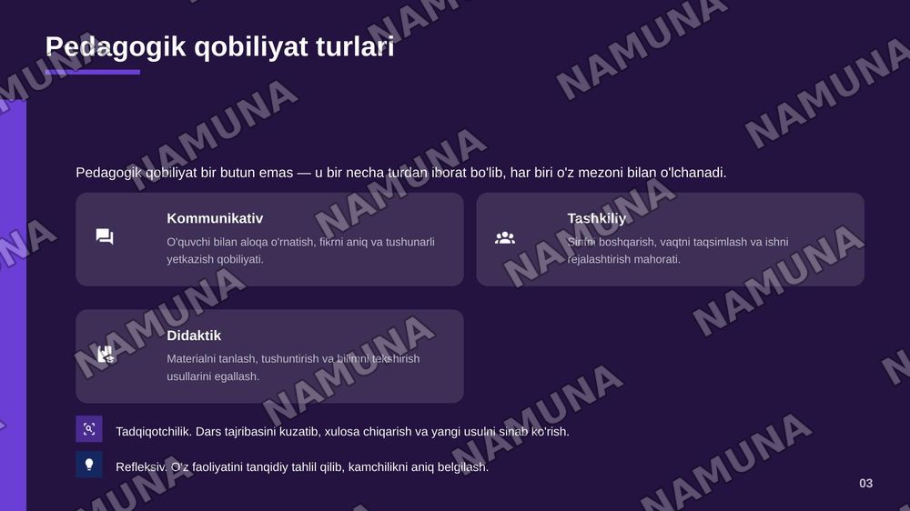 Shaxsiy pedagogik qobiliyatlarini baholash mezonlarini ishlab chiqish va o'z-o'zini diagnostika qilish — zamonaviy taqdimot, 4-slayd