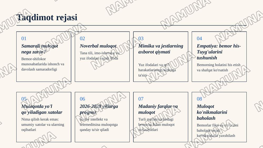 Bemorlar bilan verbal muloqot ko'nikmalari. Pasient bilan  
noverbal, verbal muloqot, ahamiyati, turlari (vaziyat, jest, ovoz,  
intonasiya, ritm, mimika) ko'nikmalari. — zamonaviy taqdimot, 2-slayd