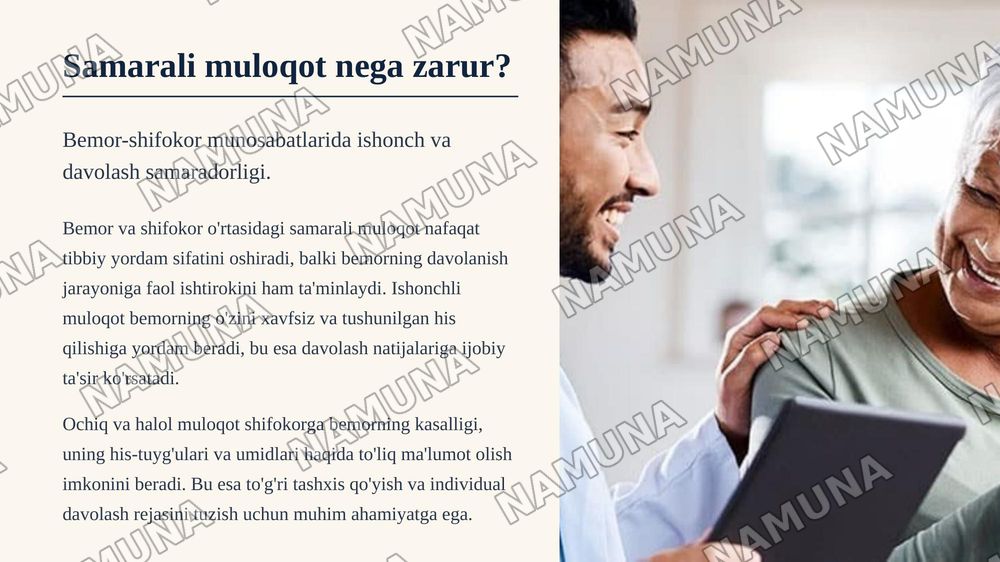 Bemorlar bilan verbal muloqot ko'nikmalari. Pasient bilan  
noverbal, verbal muloqot, ahamiyati, turlari (vaziyat, jest, ovoz,  
intonasiya, ritm, mimika) ko'nikmalari. — zamonaviy taqdimot, 3-slayd