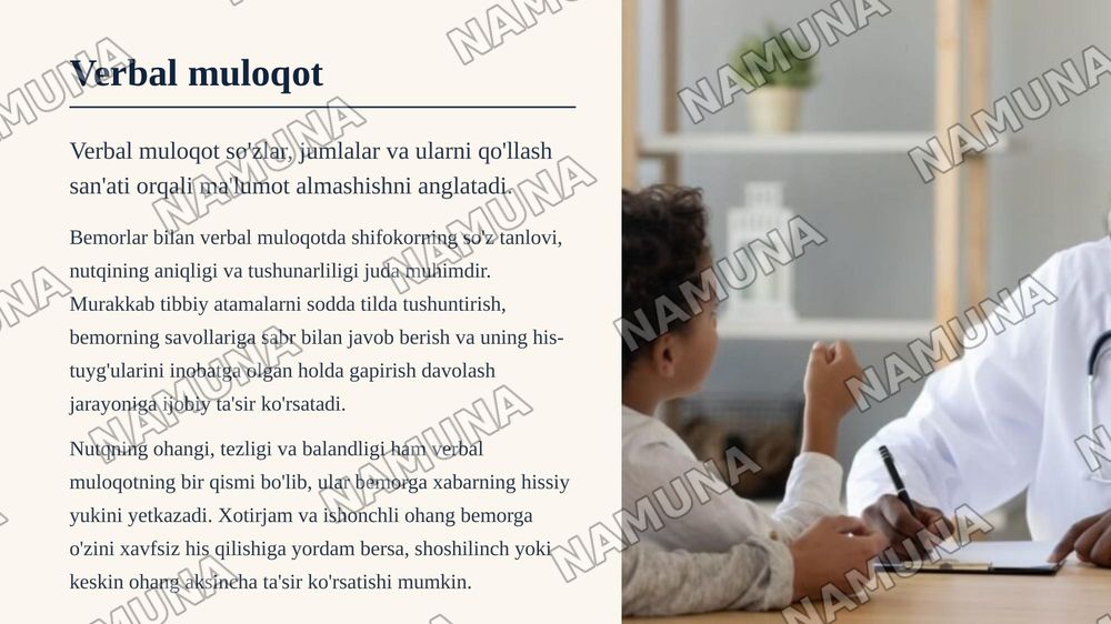Bemorlar bilan verbal muloqot ko'nikmalari. Pasient bilan  
noverbal, verbal muloqot, ahamiyati, turlari (vaziyat, jest, ovoz,  
intonasiya, ritm, mimika) ko'nikmalari. — zamonaviy taqdimot, 5-slayd