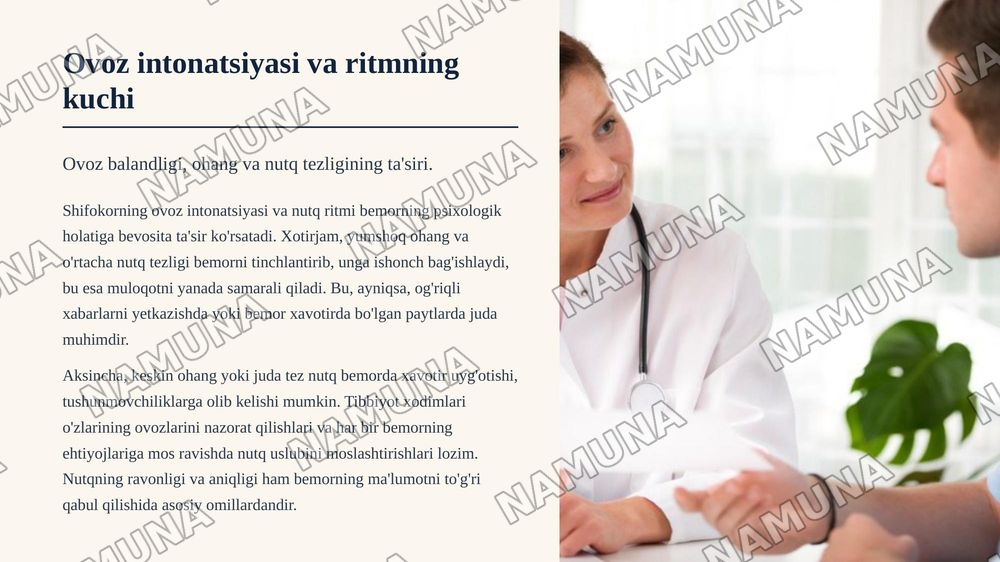 Bemorlar bilan verbal muloqot ko'nikmalari. Pasient bilan  
noverbal, verbal muloqot, ahamiyati, turlari (vaziyat, jest, ovoz,  
intonasiya, ritm, mimika) ko'nikmalari. — zamonaviy taqdimot, 7-slayd