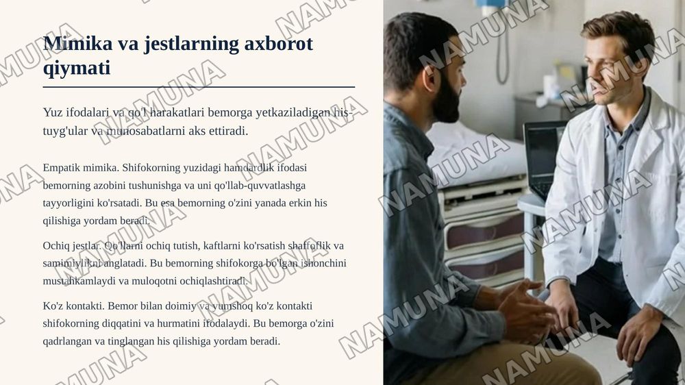 Bemorlar bilan verbal muloqot ko'nikmalari. Pasient bilan  
noverbal, verbal muloqot, ahamiyati, turlari (vaziyat, jest, ovoz,  
intonasiya, ritm, mimika) ko'nikmalari. — zamonaviy taqdimot, 8-slayd