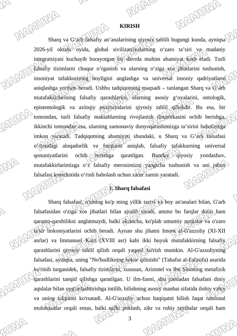 Sharq va gʻarb mutafakkirlarining falsafiy qarashlarini istalgan ikki faylasuf yoki davr misolida qiyosiy tahlil qilish (Kamida 15 betdan iborat power point dasturida taqdimot yoki boshqa vizual shakl — mustaqil ish, 3-varaq