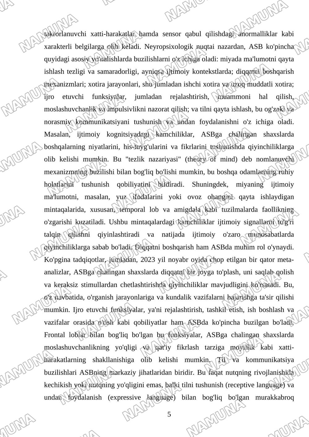 Autizm spektri buzilishlarida nevrologik va neyropsixologik omillarning urni — referat, 5-varaq