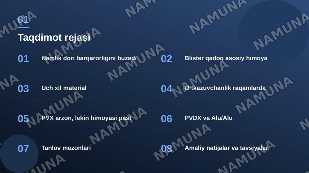 Polimer qadoqlarning namlik va gaz o‘tkazuvchanligini nazorat qilish: Blister qadoqlarning (PVX, PVDX, Alu/Alu) dori barqarorligiga ta’siri. — zamonaviy taqdimot, 2-slayd