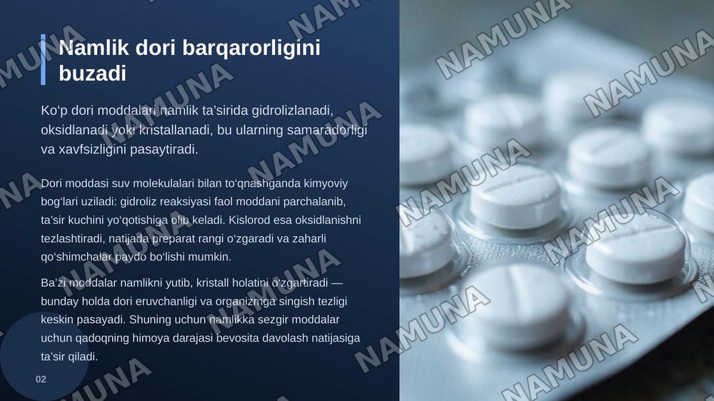 Polimer qadoqlarning namlik va gaz o‘tkazuvchanligini nazorat qilish: Blister qadoqlarning (PVX, PVDX, Alu/Alu) dori barqarorligiga ta’siri. — zamonaviy taqdimot, 3-slayd