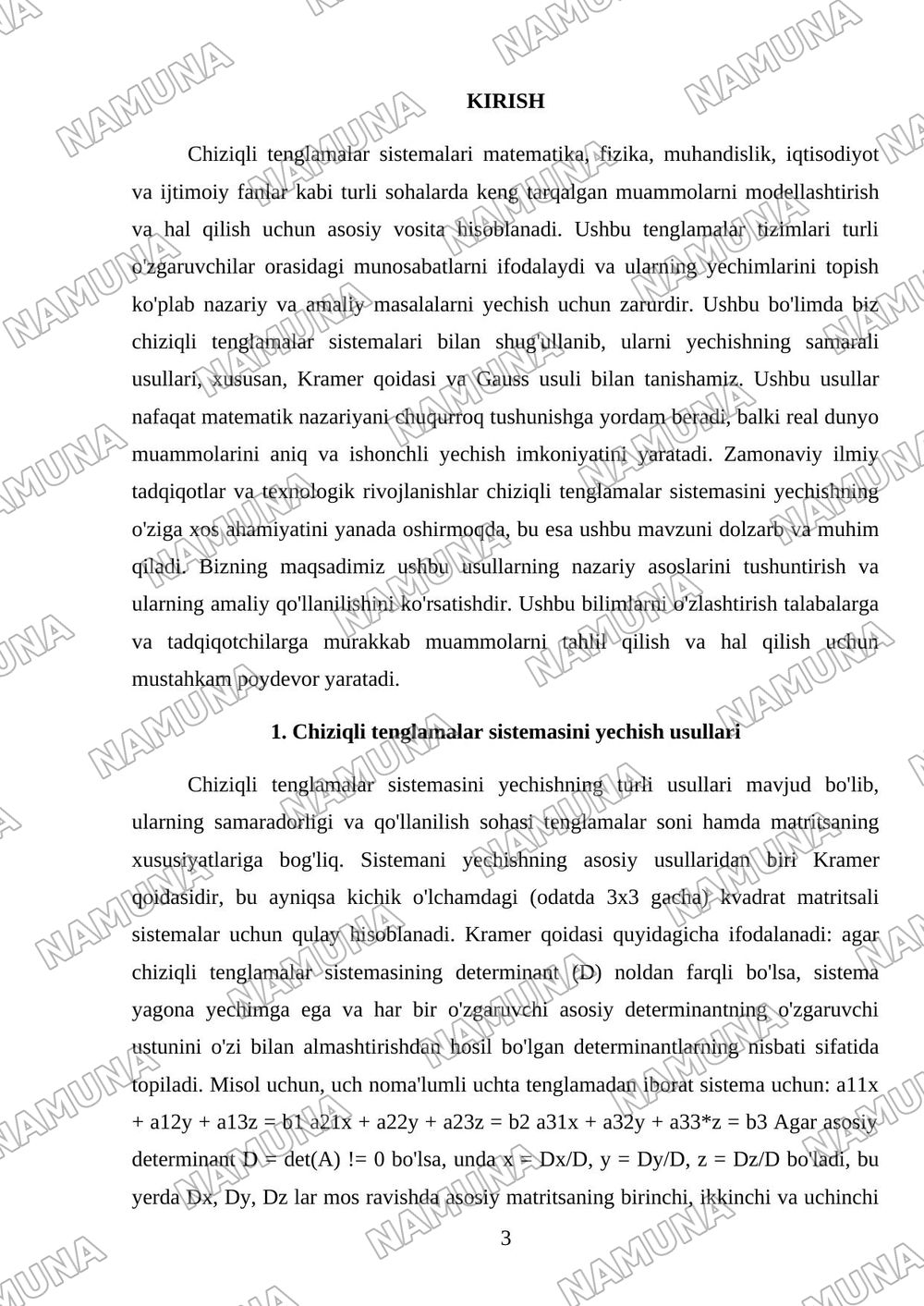 Chiziqli tenglamalar sistemasi. Kramer qoidasi Gaus usuli — mustaqil ish, 3-varaq