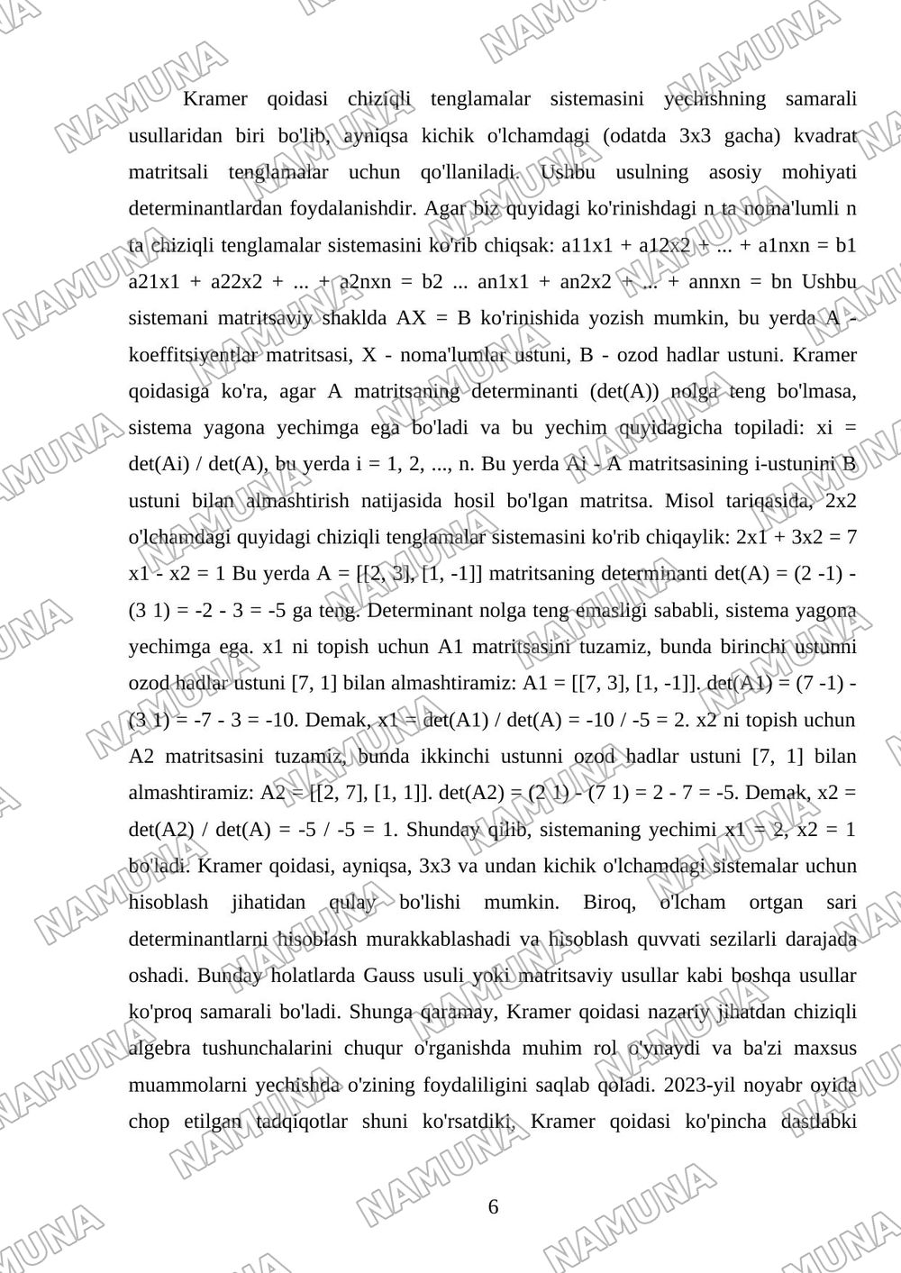 Chiziqli tenglamalar sistemasi. Kramer qoidasi Gaus usuli — mustaqil ish, 6-varaq