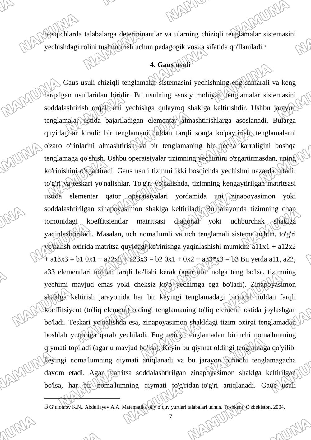 Chiziqli tenglamalar sistemasi. Kramer qoidasi Gaus usuli — mustaqil ish, 7-varaq