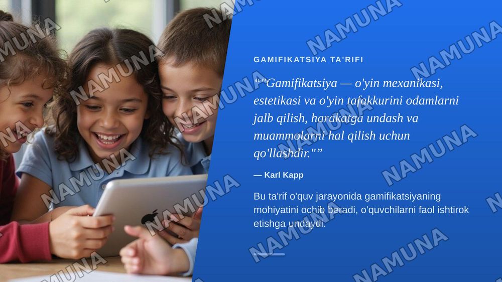 Gamifikatsiya metodini boshlang‘ich ta’lim jarayonida qo‘llash mexanizimini shakillantirishning nazariy asoslari ilmiy ishni 1-bobni Maqsad vazifasi predmeti — zamonaviy taqdimot, 4-slayd