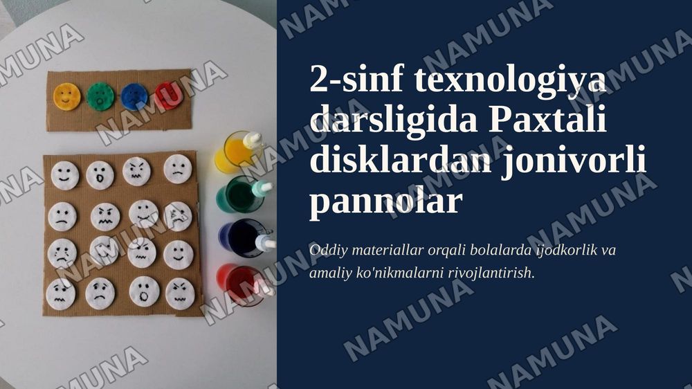 2-sinf texnalogiya darsligida Paxtali disklardan
jonivorli pannolar yasaymiz — zamonaviy taqdimot, 1-slayd