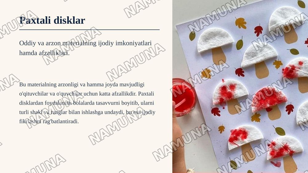 2-sinf texnalogiya darsligida Paxtali disklardan
jonivorli pannolar yasaymiz — zamonaviy taqdimot, 3-slayd